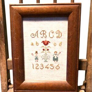 Vintage Cross-Stitch ABC Numbers Sampler Wood Frame Nursery Playroom embroidery
